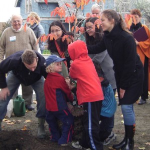 Kids helped move the tree into place
