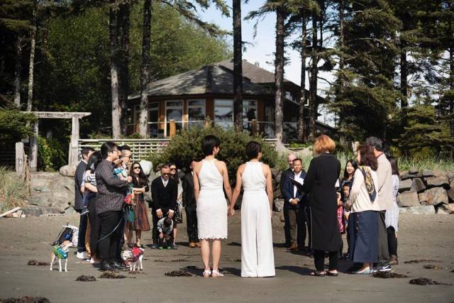 Tofino Wee Wedding with brides, guests and dogs on the beach